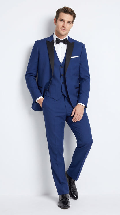 Men’s Indigo Blue Sapphire Cobalt Blue 1 Button Vested Tuxedo with Black Satin Peak Lapel