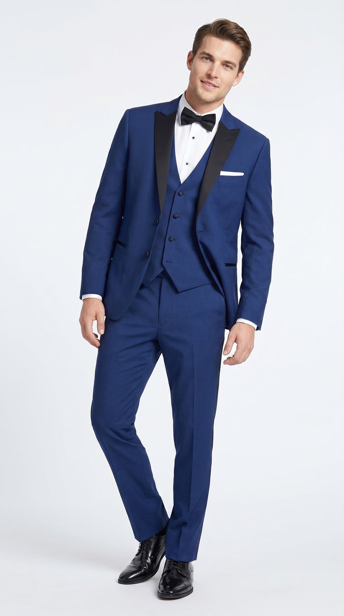 Men’s Indigo Blue Sapphire Cobalt Blue 1 Button Vested Tuxedo with Black Satin Peak Lapel