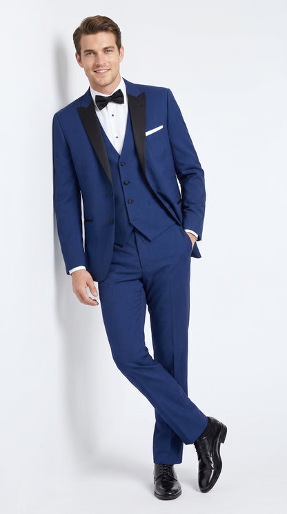 Men’s Indigo Blue Sapphire Cobalt Blue 1 Button Vested Tuxedo with Black Satin Peak Lapel