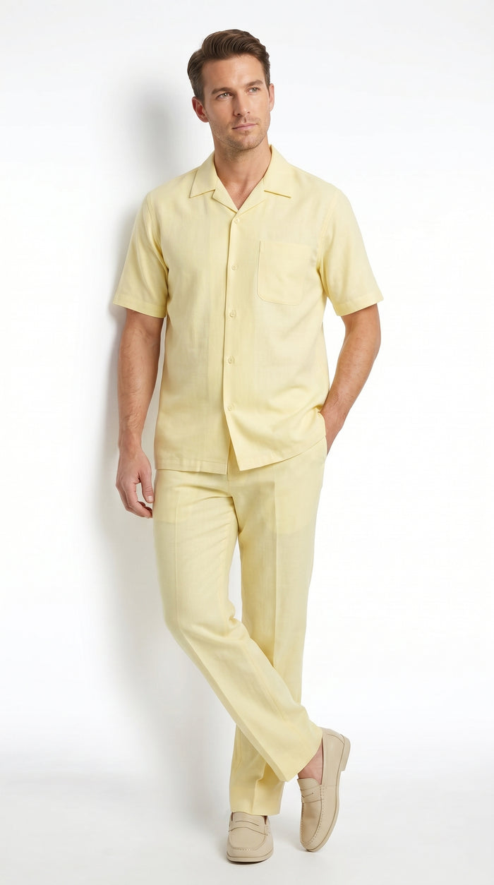 Men’s Cream 100% Linen Walking Suit, Short Sleeve Shirt and Matching Pants Casual Summer Set
