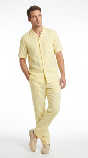 Men’s Cream 100% Linen Walking Suit, Short Sleeve Shirt and Matching Pants Casual Summer Set