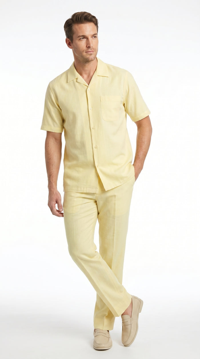 Men’s Cream 100% Linen Walking Suit, Short Sleeve Shirt and Matching Pants Casual Summer Set