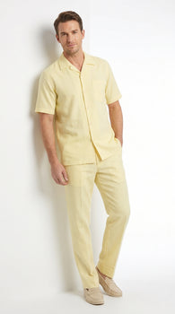 Men’s Cream 100% Linen Walking Suit, Short Sleeve Shirt and Matching Pants Casual Summer Set