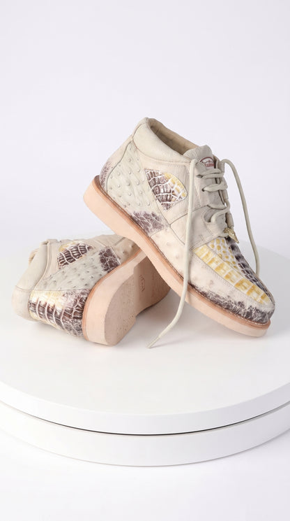 Men’s Los Altos Natural Caiman and Ostrich Skin Casual Sneakers, Exotic Leather Lace Up Shoes