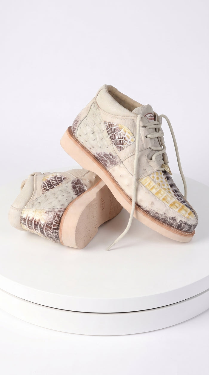 Men’s Los Altos Natural Caiman and Ostrich Skin Casual Sneakers, Exotic Leather Lace Up Shoes