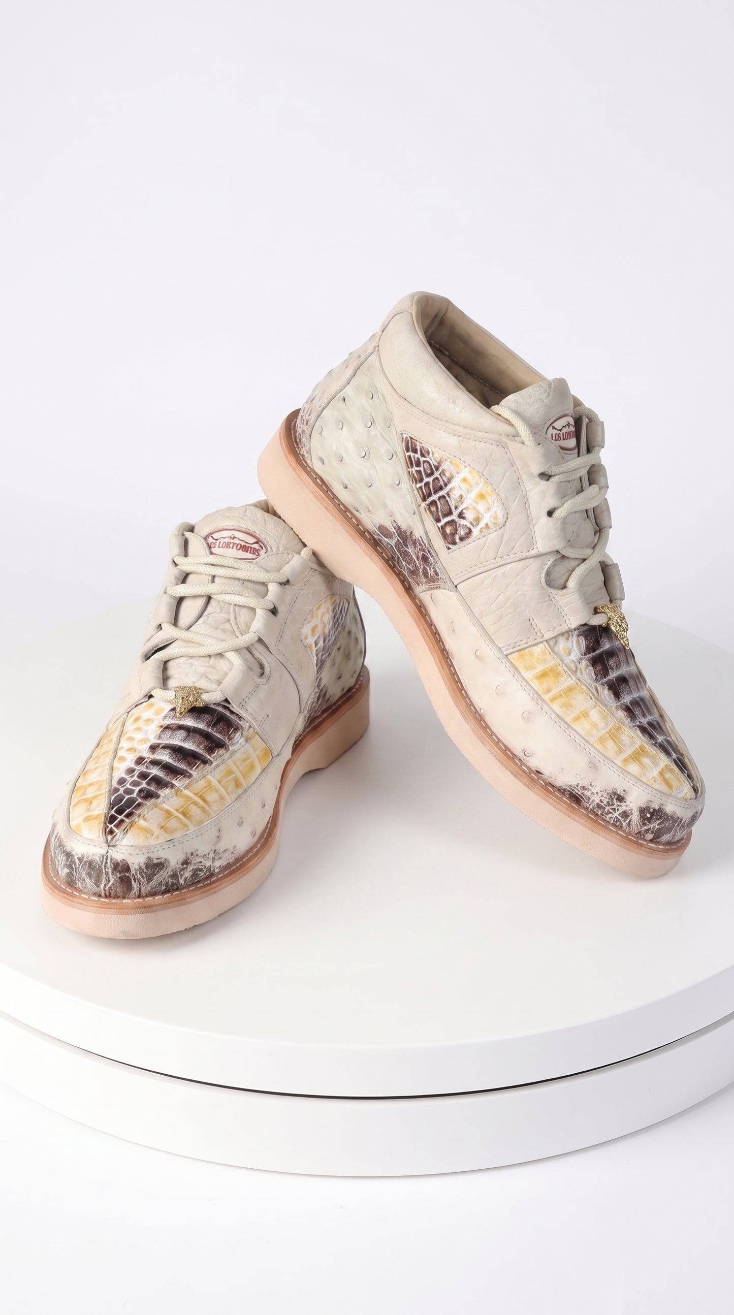 Men’s Los Altos Natural Caiman and Ostrich Skin Casual Sneakers, Exotic Leather Lace Up Shoes