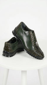 Men’s Los Altos Olive Green Ostrich Leg Sneaker, Exotic Leather Casual Dress Shoe