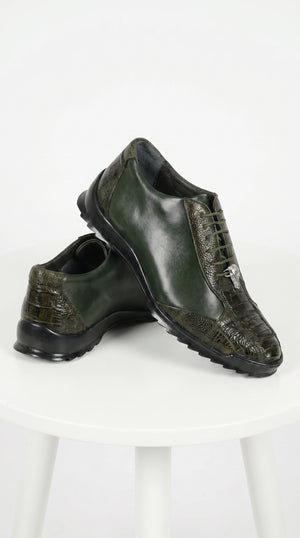 Men’s Los Altos Olive Green Ostrich Leg Sneaker, Exotic Leather Casual Dress Shoe