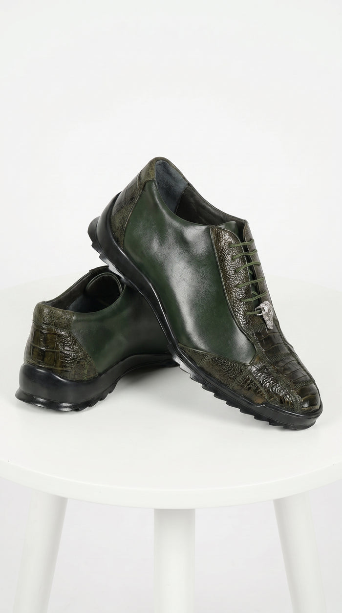 Men’s Los Altos Olive Green Ostrich Leg Sneaker, Exotic Leather Casual Dress Shoe