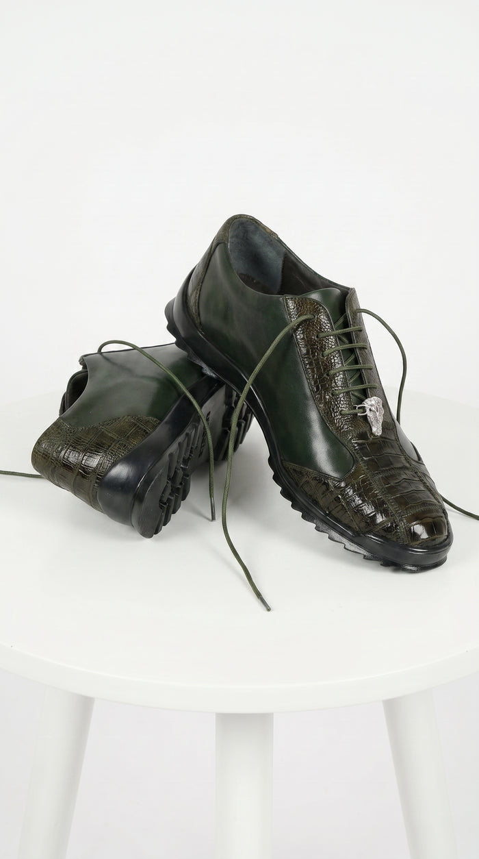 Men’s Los Altos Olive Green Ostrich Leg Sneaker, Exotic Leather Casual Dress Shoe