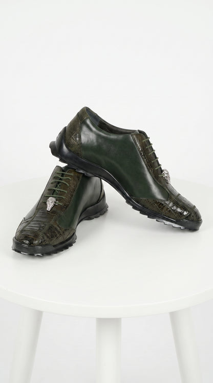 Men’s Los Altos Olive Green Ostrich Leg Sneaker, Exotic Leather Casual Dress Shoe