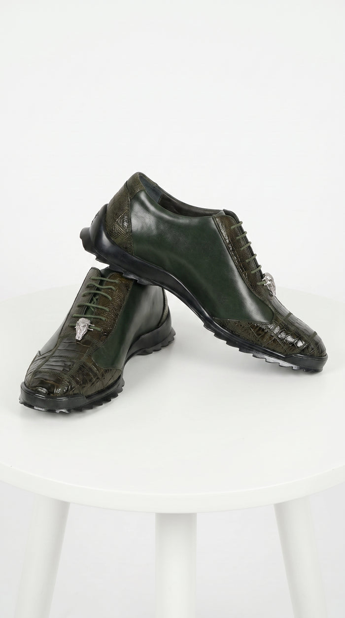 Men’s Los Altos Olive Green Ostrich Leg Sneaker, Exotic Leather Casual Dress Shoe