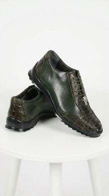Men’s Los Altos Olive Green Ostrich Leg Sneaker, Exotic Leather Casual Dress Shoe