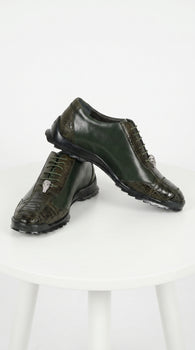 Men’s Los Altos Olive Green Ostrich Leg Sneaker, Exotic Leather Casual Dress Shoe