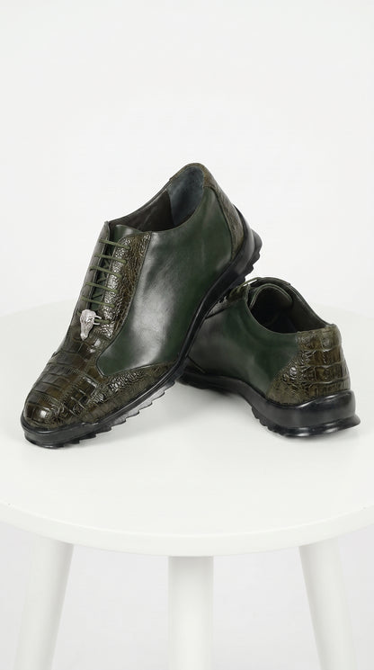 Men’s Los Altos Olive Green Ostrich Leg Sneaker, Exotic Leather Casual Dress Shoe