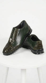 Men’s Los Altos Olive Green Ostrich Leg Sneaker, Exotic Leather Casual Dress Shoe