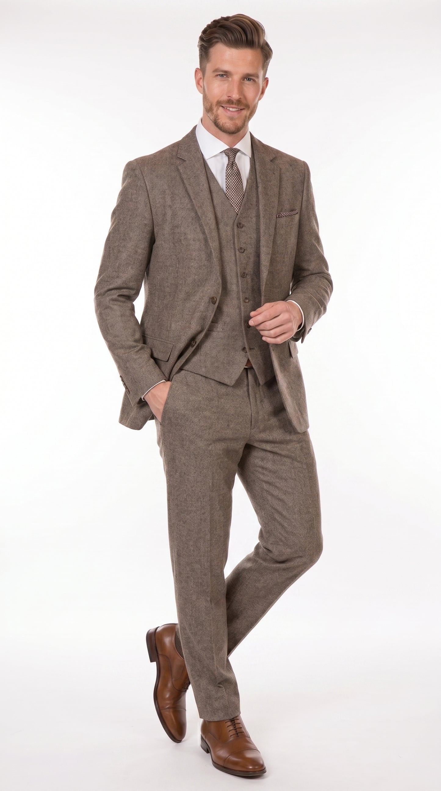 Men’s Vintage Brown Tweed Herringbone 1920s Suit, Classic Gatsby Style Dress Suit