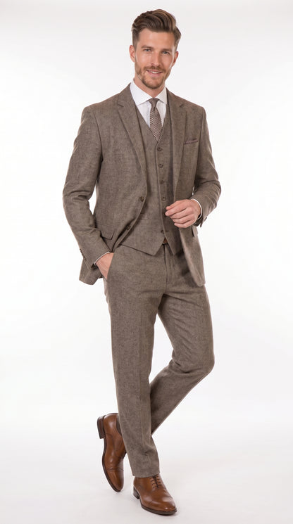 Men’s Vintage Brown Tweed Herringbone 1920s Suit, Classic Gatsby Style Dress Suit
