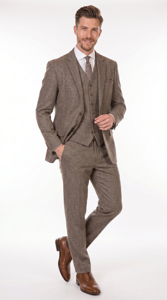 Men’s Vintage Brown Tweed Herringbone 1920s Suit, Classic Gatsby Style Dress Suit