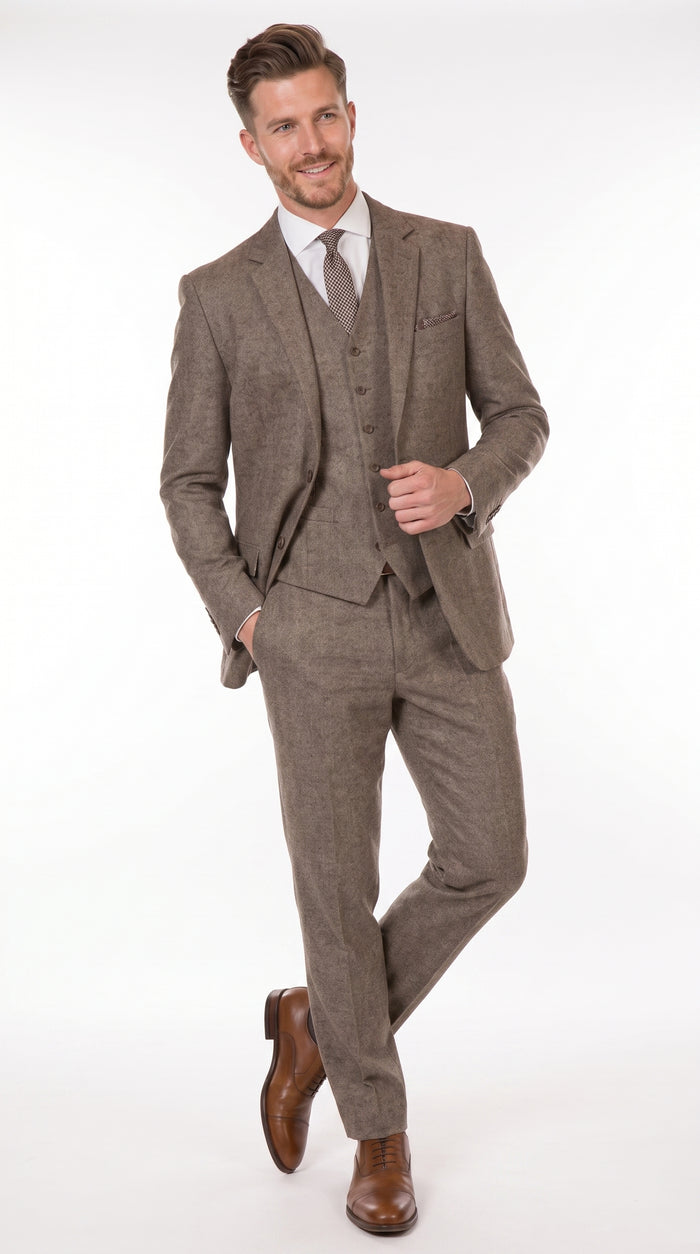 Men’s Vintage Brown Tweed Herringbone 1920s Suit, Classic Gatsby Style Dress Suit