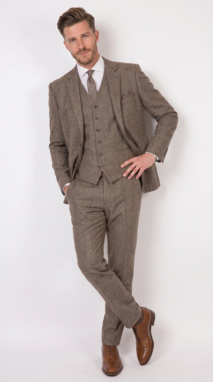 Men’s Vintage Brown Tweed Herringbone 1920s Suit, Classic Gatsby Style Dress Suit