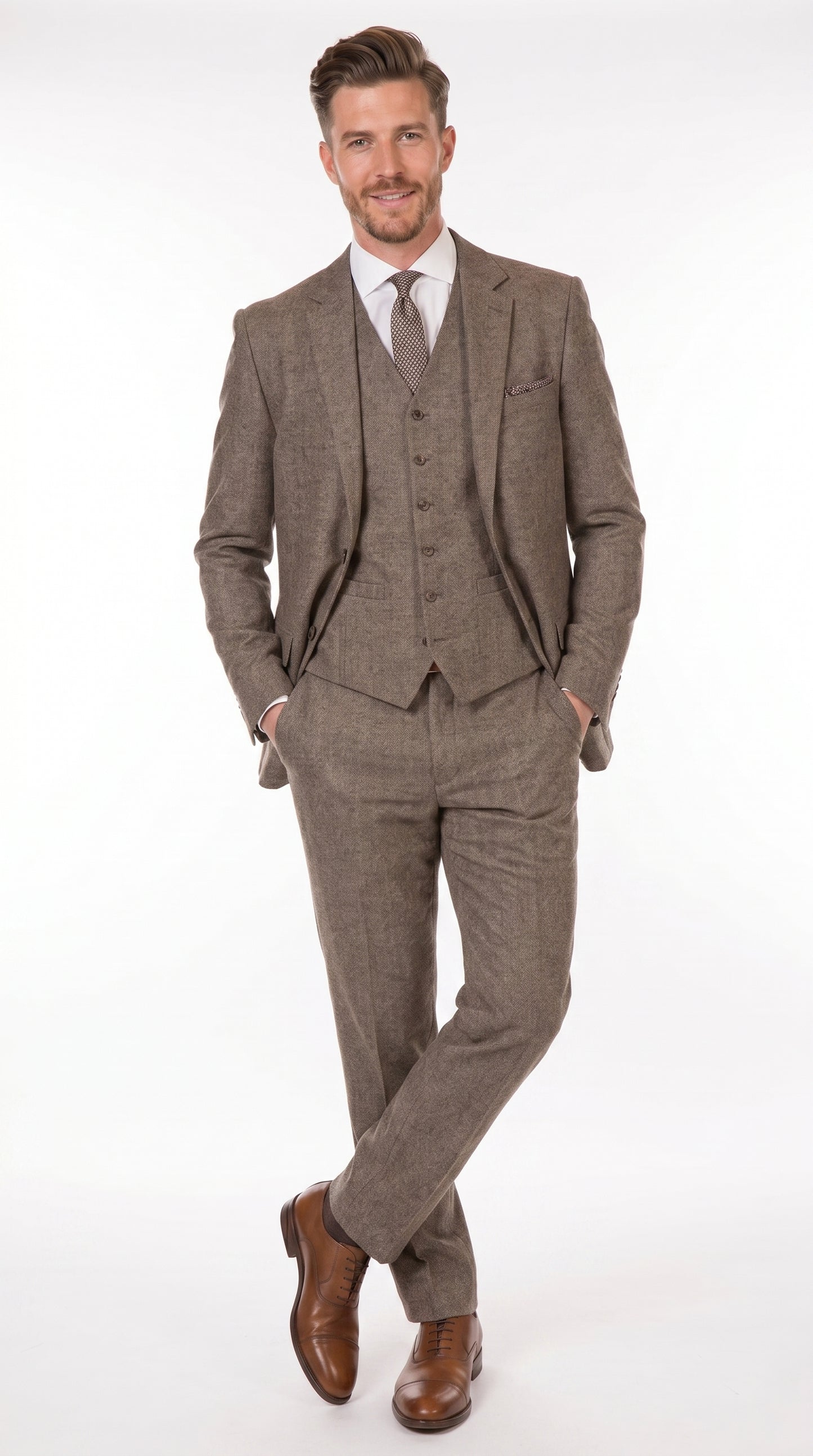 Men’s Vintage Brown Tweed Herringbone 1920s Suit, Classic Gatsby Style Dress Suit