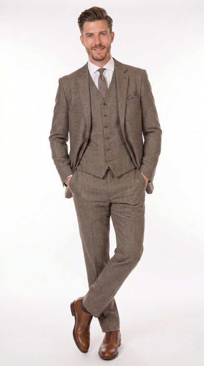 Men’s Vintage Brown Tweed Herringbone 1920s Suit, Classic Gatsby Style Dress Suit