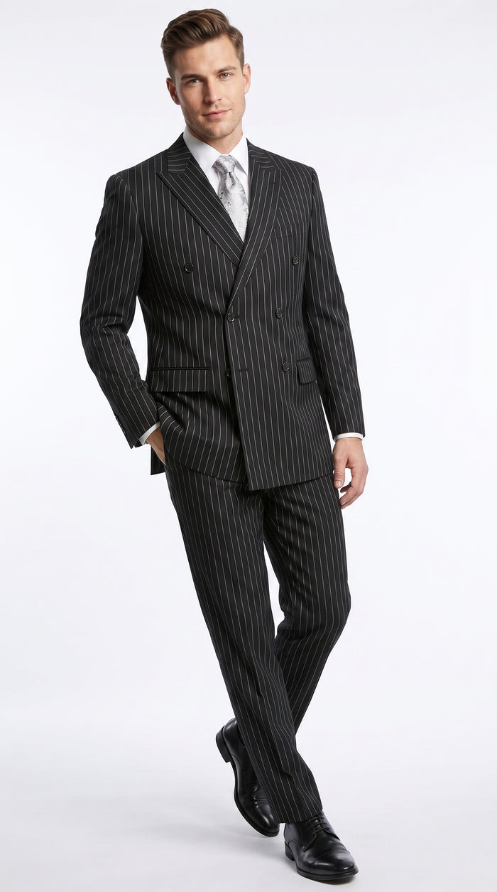 Men’s Black Double Breasted Bold Pinstripe Suit – Gangster Style Formal Dress Suit Modern Fit
