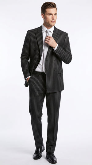 Men’s Black Double Breasted Bold Pinstripe Suit – Gangster Style Formal Dress Suit