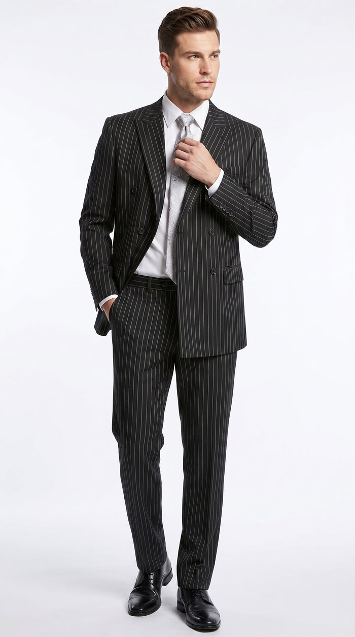Men’s Black Double Breasted Bold Pinstripe Suit – Gangster Style Formal Dress Suit Modern Fit