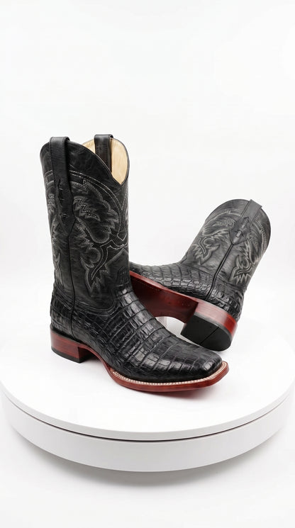 Men’s Black Caiman Square Toe Cowboy Boots, Exotic Western Dress Boots
