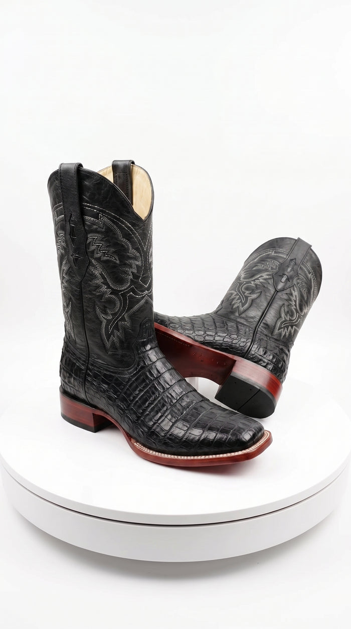 Men’s Black Caiman Square Toe Cowboy Boots, Exotic Western Dress Boots