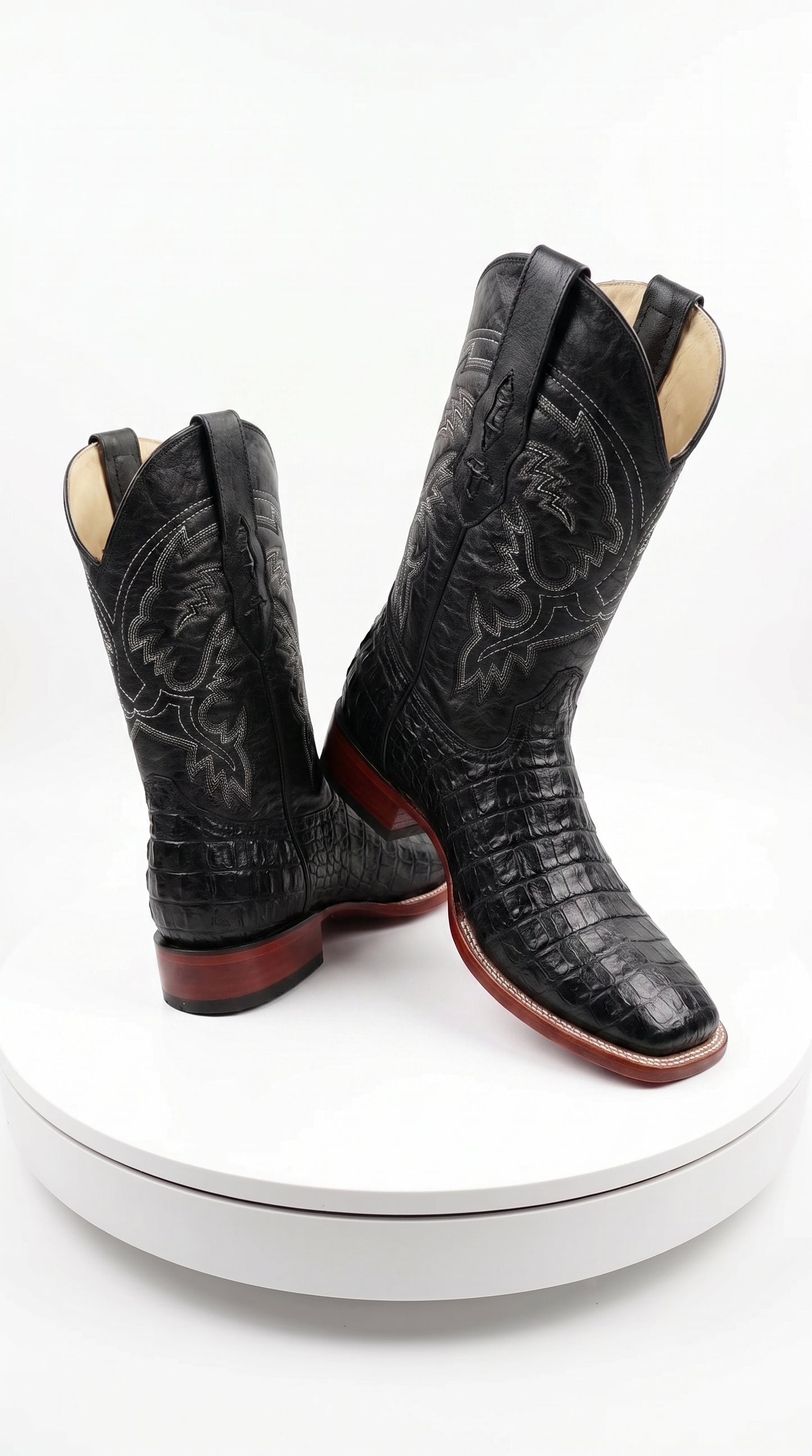 Men’s Black Caiman Square Toe Cowboy Boots, Exotic Western Dress Boots