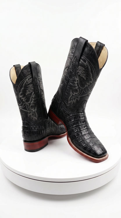 Men’s Black Caiman Square Toe Cowboy Boots, Exotic Western Dress Boots