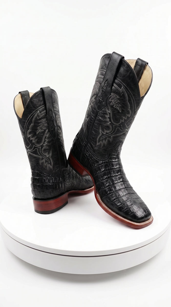Men’s Black Caiman Square Toe Cowboy Boots, Exotic Western Dress Boots