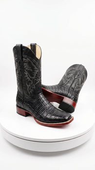 Men’s Black Caiman Square Toe Cowboy Boots, Exotic Western Dress Boots