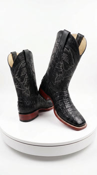 Men’s Black Caiman Square Toe Cowboy Boots, Exotic Western Dress Boots