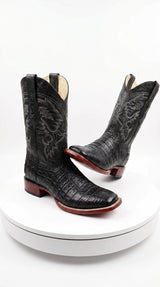 Men’s Black Caiman Square Toe Cowboy Boots, Exotic Western Dress Boots