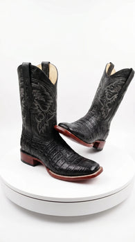Men’s Black Caiman Square Toe Cowboy Boots, Exotic Western Dress Boots