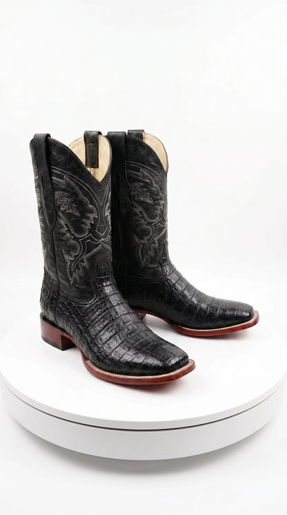 Men’s Black Caiman Square Toe Cowboy Boots, Exotic Western Dress Boots