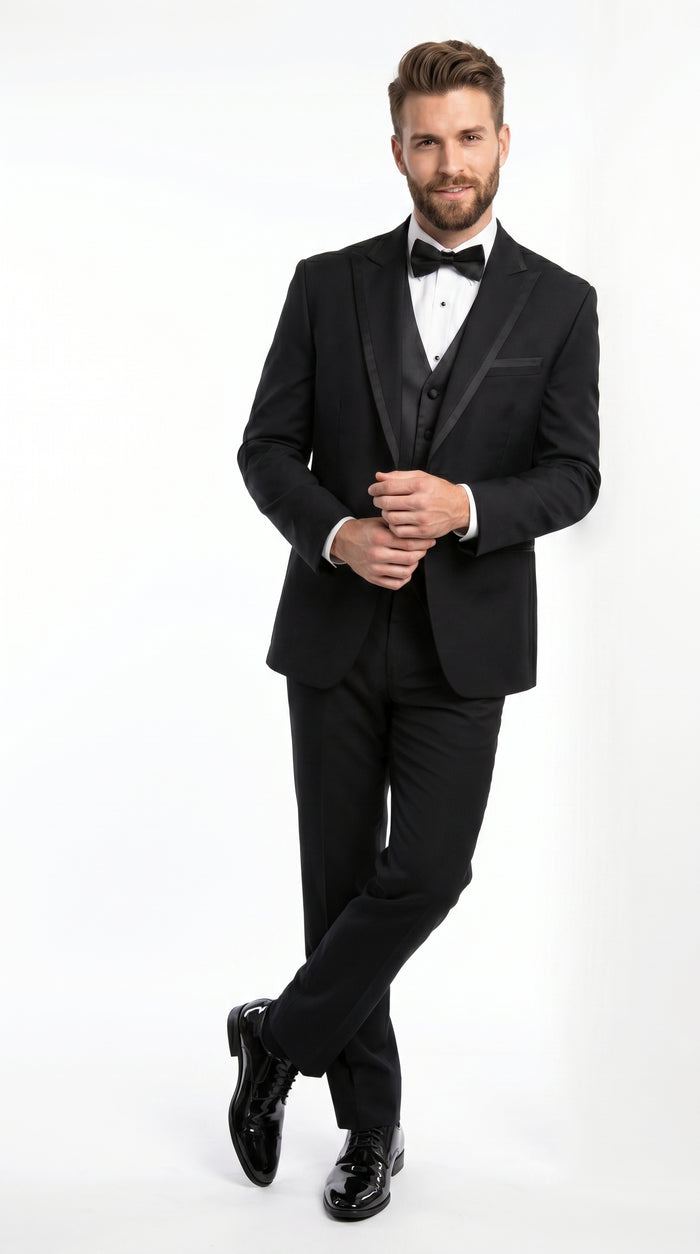 Men’s Black Modern 1 Button Tuxedo Suit with Satin Trim Peak Lapel and Wide Lapel Design
