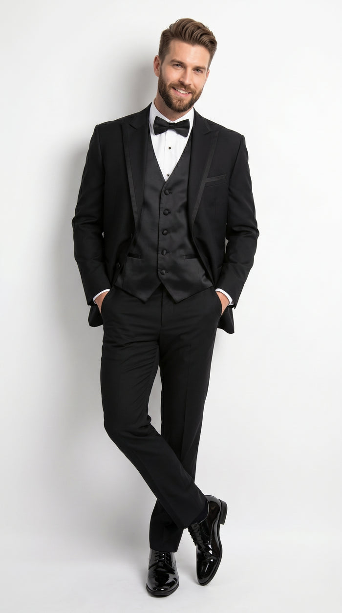 Men’s Black Modern 1 Button Tuxedo Suit with Satin Trim Peak Lapel and Wide Lapel Design