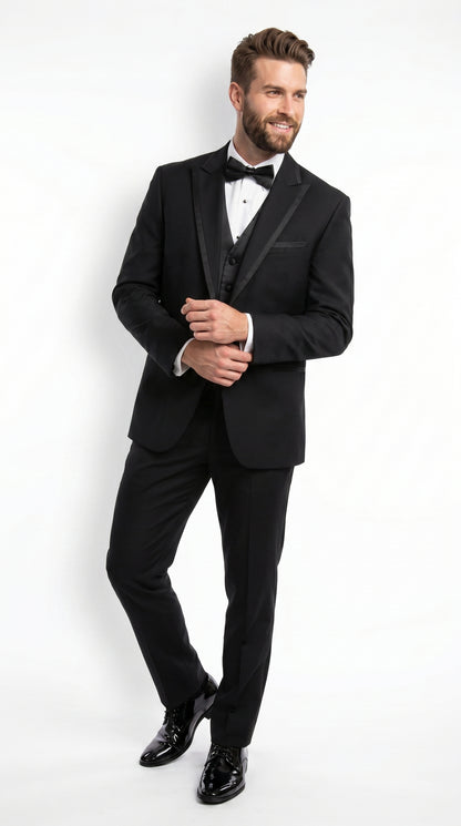 Men’s Black Modern 1 Button Tuxedo Suit with Satin Trim Peak Lapel and Wide Lapel Design