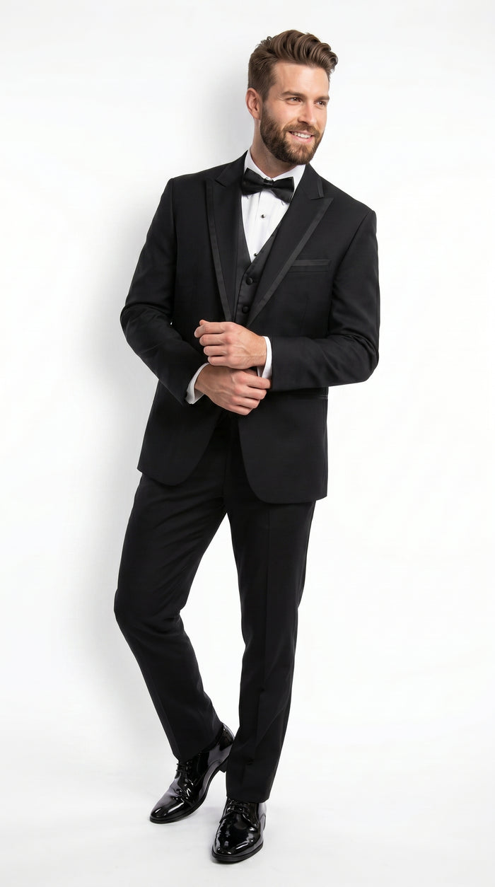 Men’s Black Modern 1 Button Tuxedo Suit with Satin Trim Peak Lapel and Wide Lapel Design
