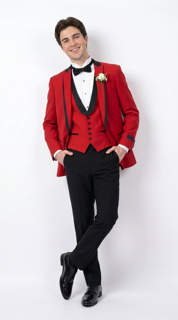 Men’s Red Prom Tuxedo Suit with Vest and Black Trim, Formal Wedding Dinner Suit