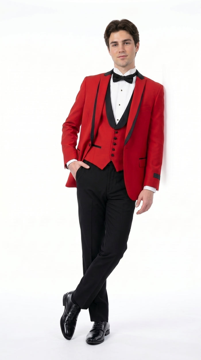Men’s Red Prom Tuxedo Suit with Vest and Black Trim, Formal Wedding Dinner Suit