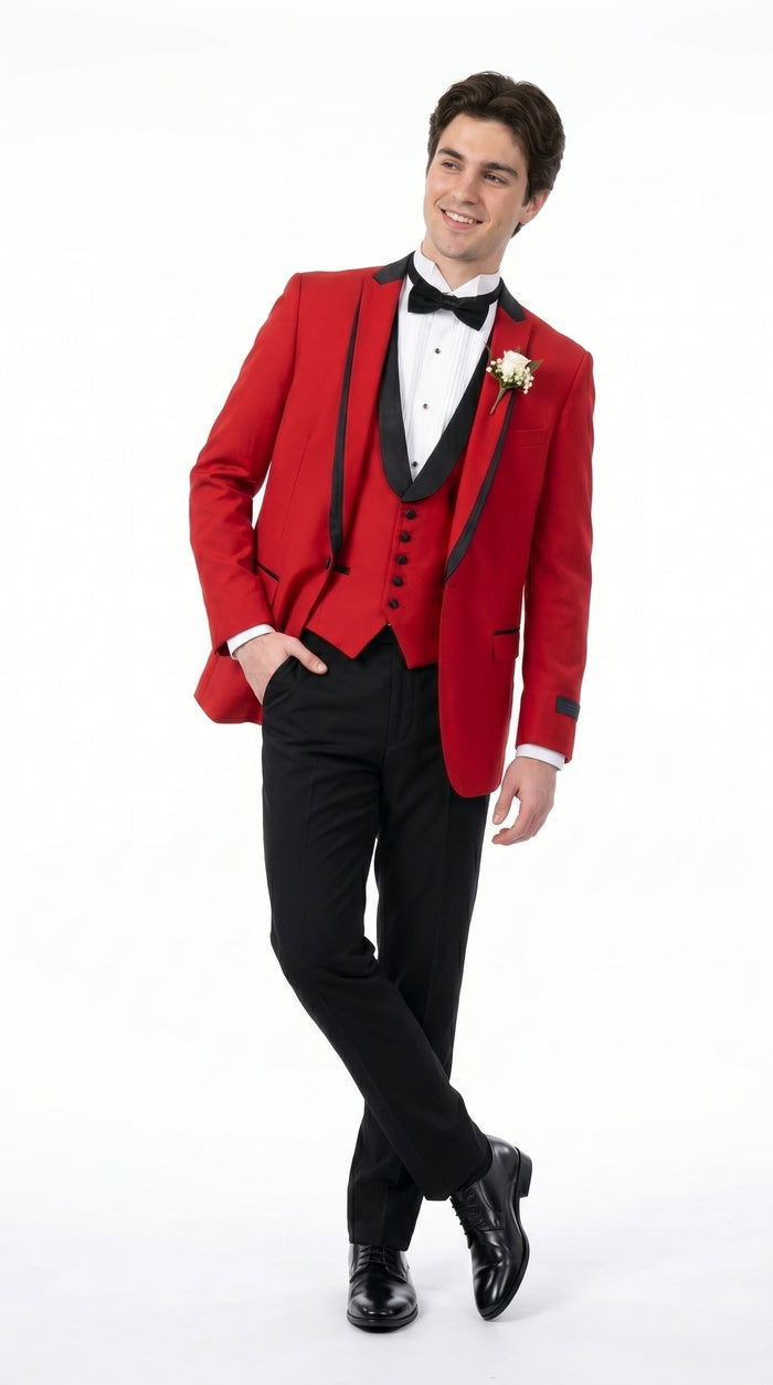 Men’s Red Prom Tuxedo Suit with Vest and Black Trim, Formal Wedding Dinner Suit