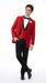 Men’s Red Prom Tuxedo Suit with Vest and Black Trim, Formal Wedding Dinner Suit