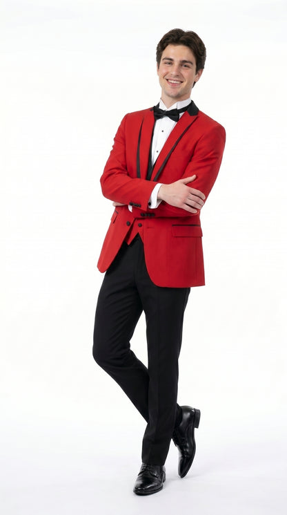Men’s Red Prom Tuxedo Suit with Vest and Black Trim, Formal Wedding Dinner Suit