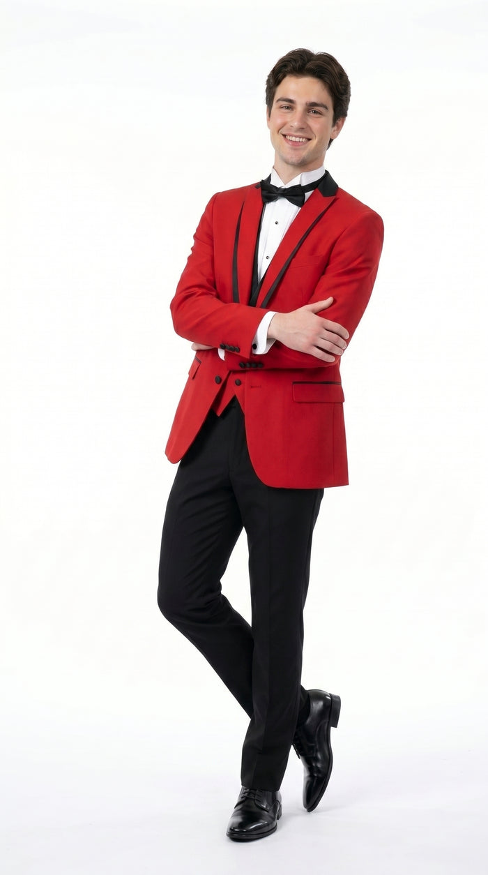 Men’s Red Prom Tuxedo Suit with Vest and Black Trim, Formal Wedding Dinner Suit